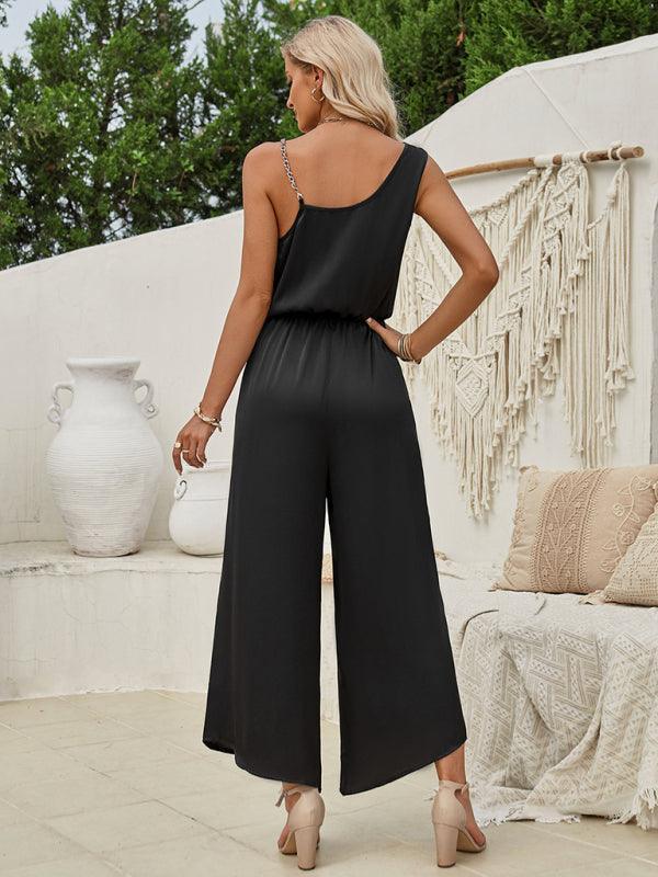Women's solid color suspender waist wide leg jumpsuit - 808Lush