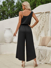 Women's solid color suspender waist wide leg jumpsuit - 808Lush
