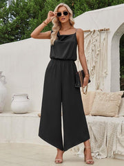Women's solid color suspender waist wide leg jumpsuit - 808Lush