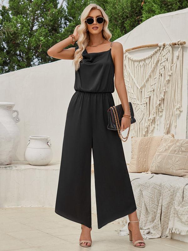 Women's solid color suspender waist wide leg jumpsuit - 808Lush