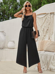 Women's solid color suspender waist wide leg jumpsuit - 808Lush