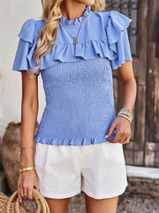 Women's solid color temperament elegant ruffled short-sleeved shirt - 808Lush