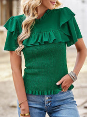 Women's solid color temperament elegant ruffled short-sleeved shirt - 808Lush