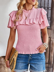 Women's solid color temperament elegant ruffled short-sleeved shirt - 808Lush