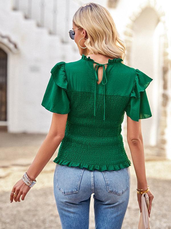 Women's solid color temperament elegant ruffled short-sleeved shirt - 808Lush