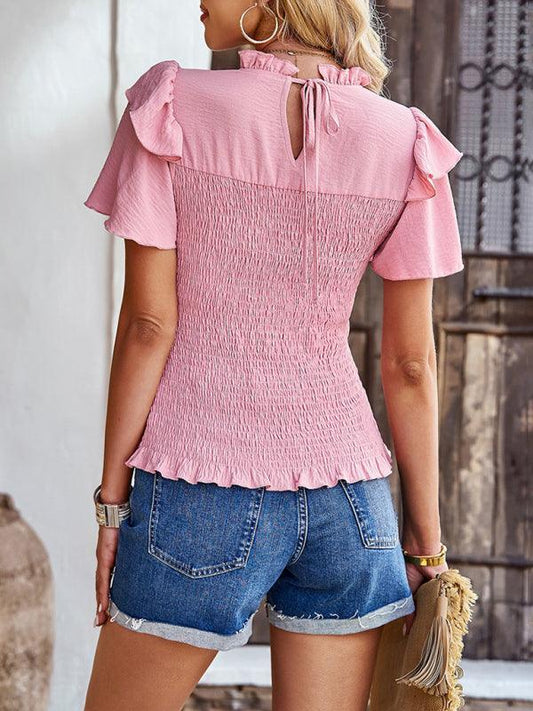 Women's solid color temperament elegant ruffled short-sleeved shirt - 808Lush