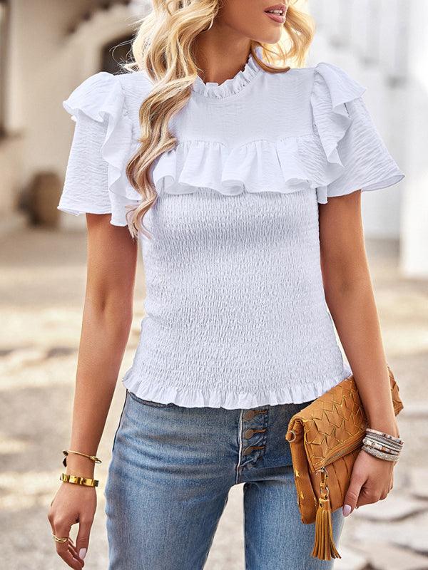 Women's solid color temperament elegant ruffled short-sleeved shirt - 808Lush