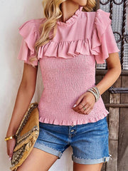 Women's solid color temperament elegant ruffled short-sleeved shirt - 808Lush