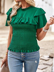 Women's solid color temperament elegant ruffled short-sleeved shirt - 808Lush