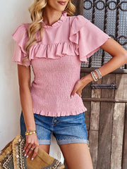 Women's solid color temperament elegant ruffled short-sleeved shirt - 808Lush