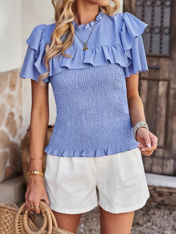 Women's solid color temperament elegant ruffled short-sleeved shirt - 808Lush