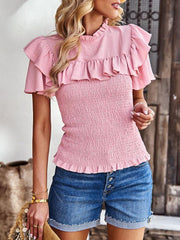 Women's solid color temperament elegant ruffled short-sleeved shirt - 808Lush
