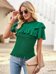 Women's solid color temperament elegant ruffled short-sleeved shirt - 808Lush