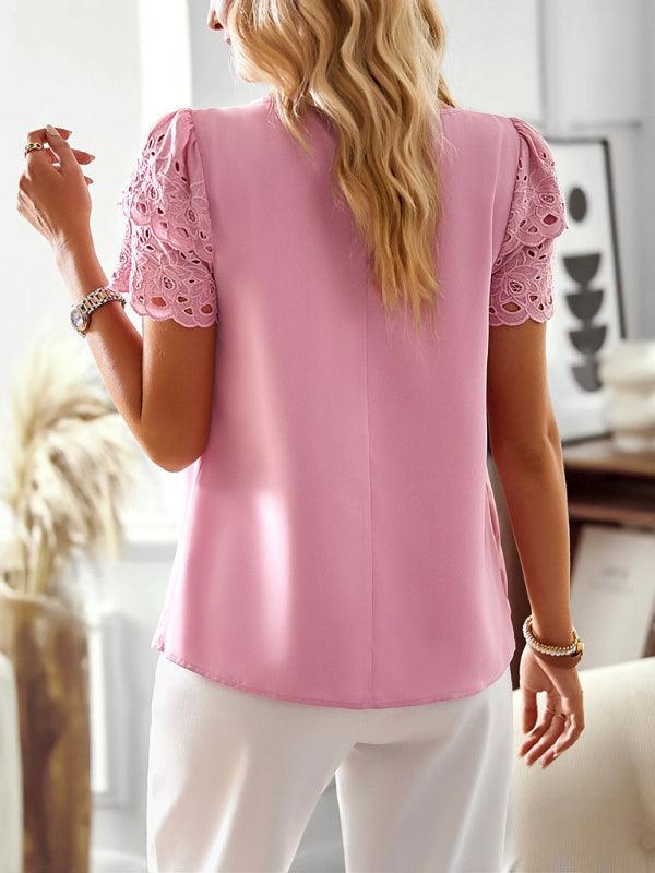 Women's solid color temperament elegant stitching lace sleeve short-sleeved top - 808Lush