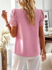 Women's solid color temperament elegant stitching lace sleeve short-sleeved top - 808Lush