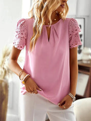 Women's solid color temperament elegant stitching lace sleeve short-sleeved top - 808Lush