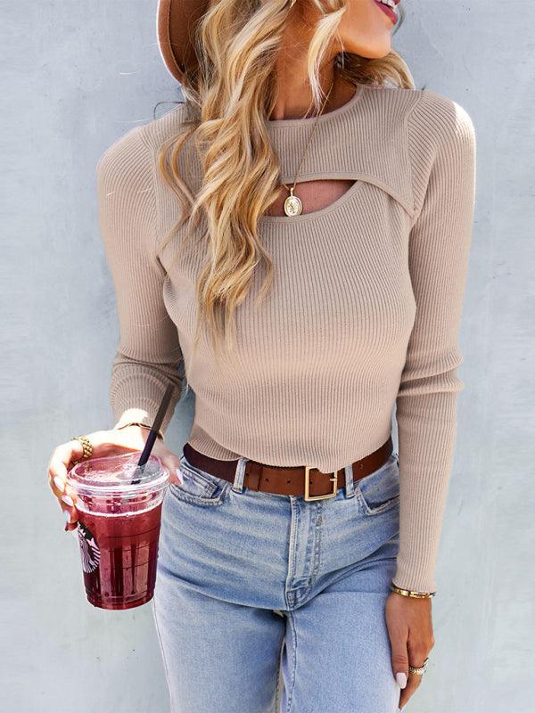 Women's solid color versatile knitted hollow out top - 808Lush