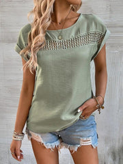 Women's summer casual stitching lace hollow short-sleeved top - 808Lush