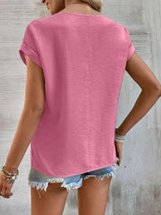 Women's summer casual stitching lace hollow short-sleeved top - 808Lush