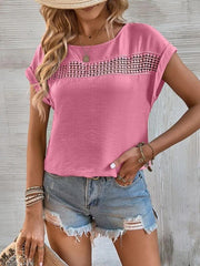 Women's summer casual stitching lace hollow short-sleeved top - 808Lush