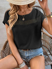 Women's summer casual stitching lace hollow short-sleeved top - 808Lush