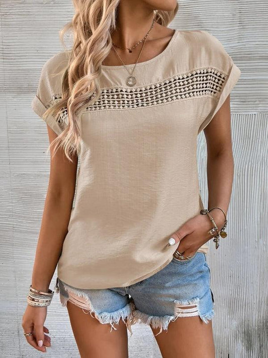 Women's summer casual stitching lace hollow short-sleeved top - 808Lush
