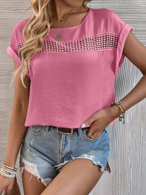 Women's summer casual stitching lace hollow short-sleeved top - 808Lush