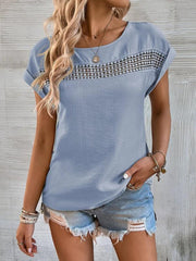 Women's summer casual stitching lace hollow short-sleeved top - 808Lush