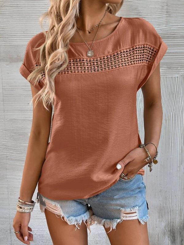 Women's summer casual stitching lace hollow short-sleeved top - 808Lush