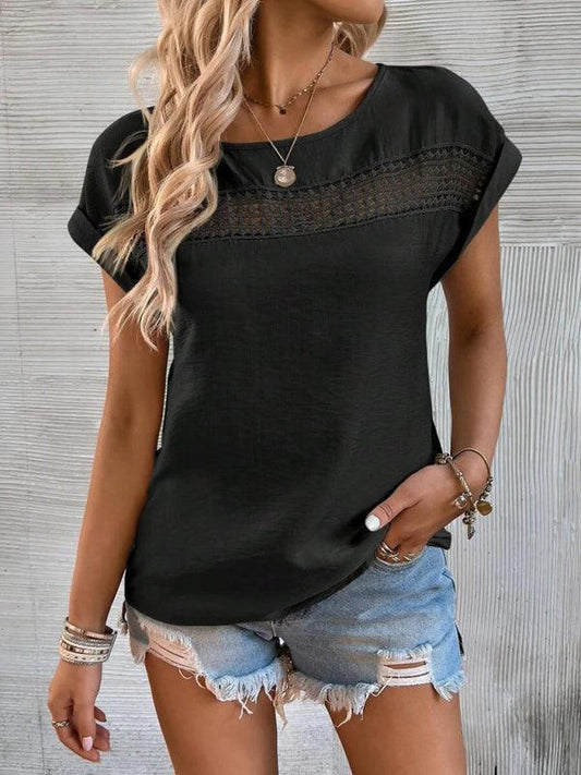 Women's summer casual stitching lace hollow short-sleeved top - 808Lush