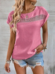 Women's summer casual stitching lace hollow short-sleeved top - 808Lush