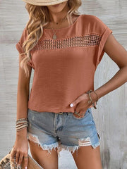 Women's summer casual stitching lace hollow short-sleeved top - 808Lush
