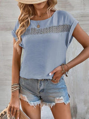 Women's summer casual stitching lace hollow short-sleeved top - 808Lush