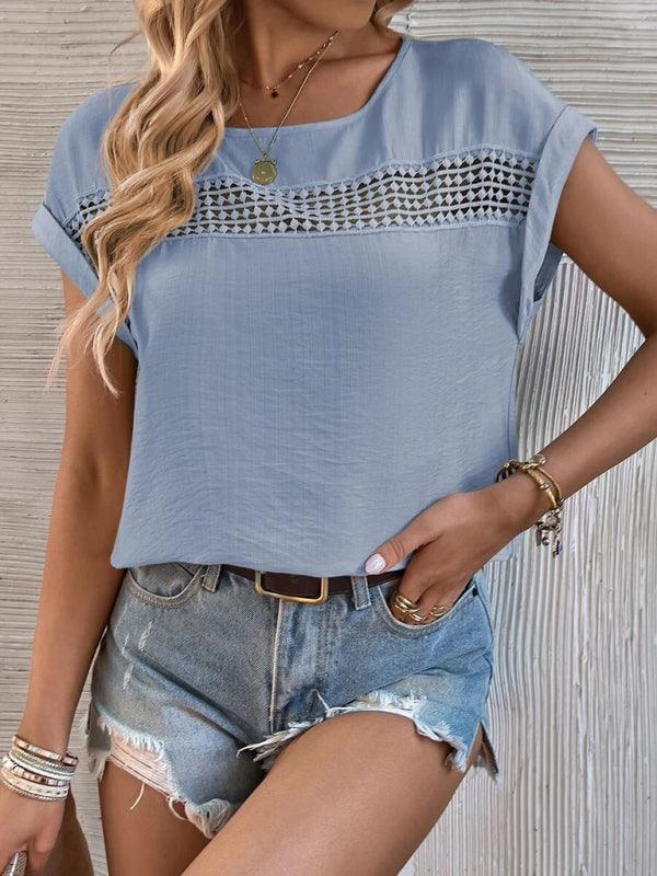 Women's summer casual stitching lace hollow short-sleeved top - 808Lush