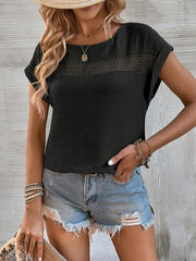 Women's summer casual stitching lace hollow short-sleeved top - 808Lush