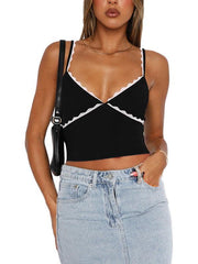 Women's suspender lace fashionable street V-neck solid color vest - 808Lush