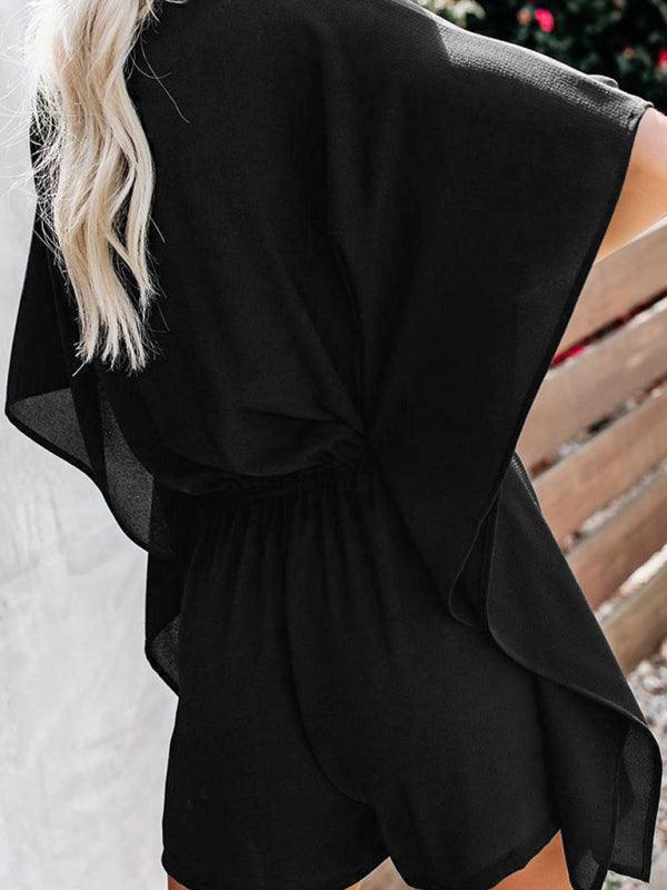 Women's shorts V-neck high waist tie loose jumpsuit - 808Lush