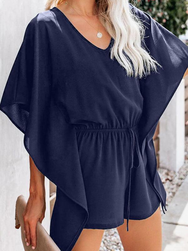 Women's shorts V-neck high waist tie loose jumpsuit - 808Lush