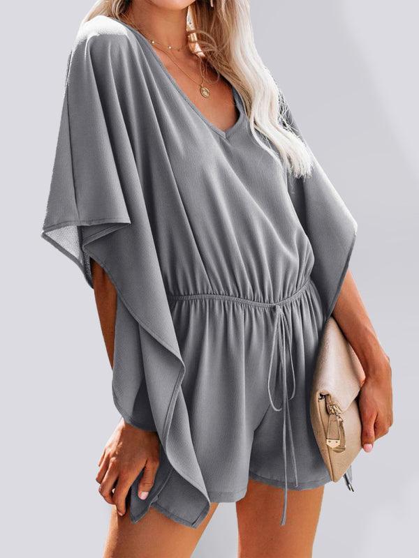 Women's shorts V-neck high waist tie loose jumpsuit - 808Lush