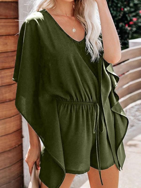 Women's shorts V-neck high waist tie loose jumpsuit - 808Lush