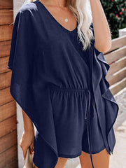 Women's shorts V-neck high waist tie loose jumpsuit - 808Lush