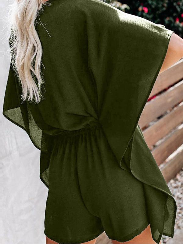 Women's shorts V-neck high waist tie loose jumpsuit - 808Lush