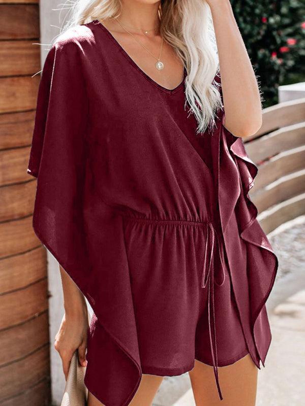 Women's shorts V-neck high waist tie loose jumpsuit - 808Lush