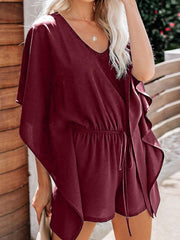 Women's shorts V-neck high waist tie loose jumpsuit - 808Lush