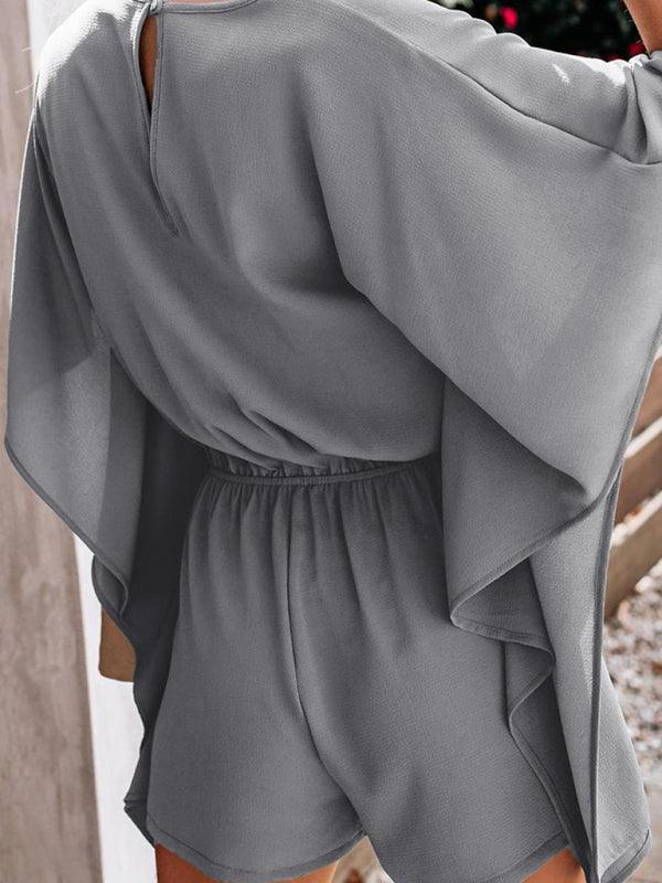 Women's shorts V-neck high waist tie loose jumpsuit - 808Lush