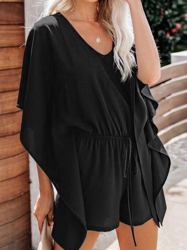 Women's shorts V-neck high waist tie loose jumpsuit - 808Lush