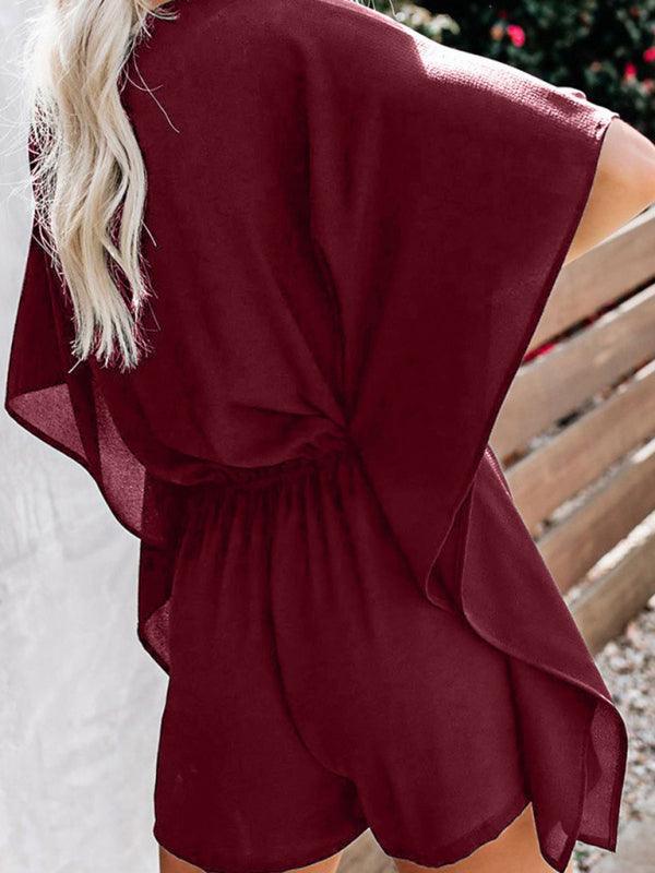 Women's shorts V-neck high waist tie loose jumpsuit - 808Lush