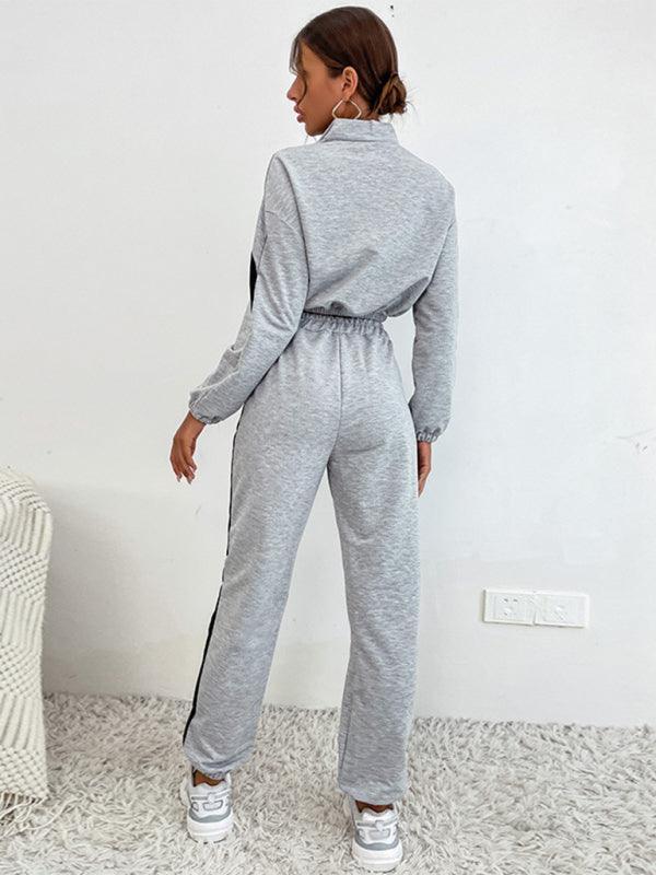 Women's two piece color block long sleeve short sweatshirt suit - 808Lush