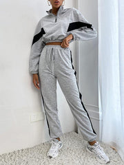Women's two piece color block long sleeve short sweatshirt suit - 808Lush
