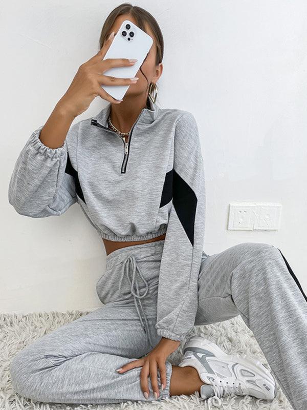 Women's two piece color block long sleeve short sweatshirt suit - 808Lush